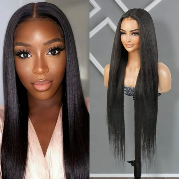 STUDIOCUT BY PROS 34 Inch Long Waist Length Straight Wig Lace Front wigs Middle Center Part Wig for Black Women High Heat Resistant Synthetic Wigs DPL011 (34 Inch, 1B-OFFBLACK)