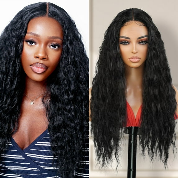 STUDIOCUT BY PROS 26" long wavy loose deep wave Swiss Lace Front Wig Middle part Realistic Hairline for Black women Heat Resistant Synthetic Wig DPL004 (1-JETBLACK)
