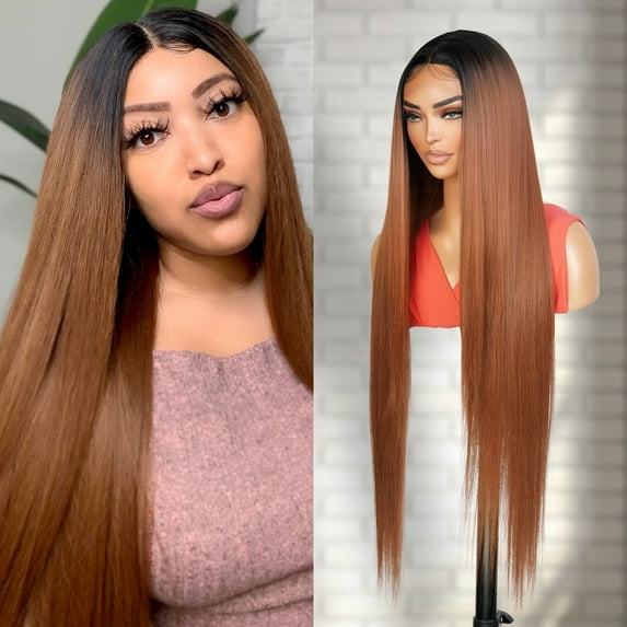 STUDIOCUT BY PROS 36 Inch Super Long waist length Straight Soft Swiss Lace Front wigs middle center part for Black Women Heat Resistant Synthetic Wig DPL002 (36 Inch, OT30)
