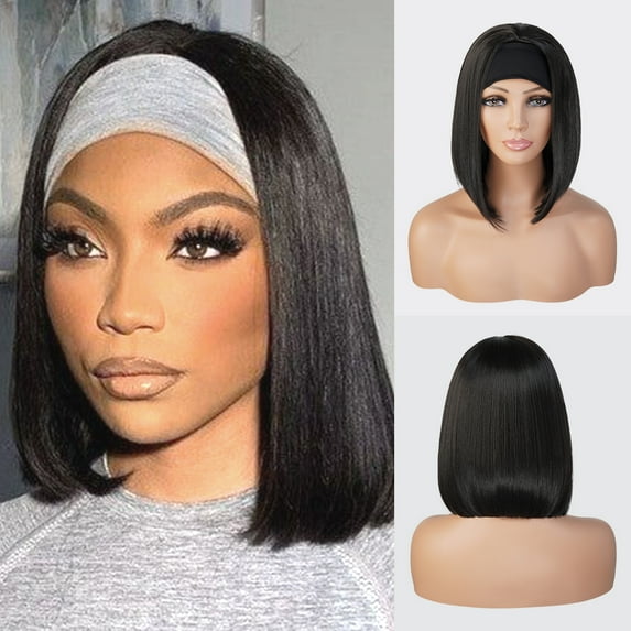 STUDIOCUT BY PROS Headband Wig Straight Quick Wrap Headband Wig 12 inch Short Bob Wigs for Black Women High Heat Resistant Synthetic Wigs HBW001 (1B-OFFBLACK)