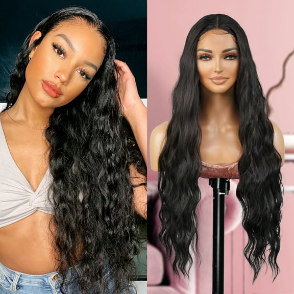 STUDIOCUT BY PROS Loose Deep Wave 30 Inch Soft Swiss Lace Front Wig for Black women Deep Middle Part Curly Long Wavy Wig Heat Resistant Synthetic Wigs DPL003 (30 Inch, 1B-OFFBLACK)