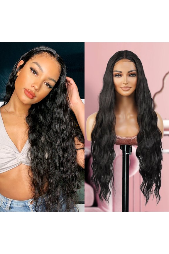 Loose Deep Wave 30 Inch Soft Swiss Lace Front Wig for Black women Deep Middle Part Curly Long Wavy Wig Heat Resistant Synthetic Wigs DPL003 (30 Inch, 1B-OFFBLACK)