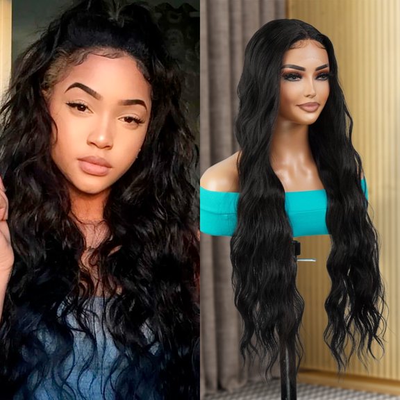 STUDIOCUT BY PROS Loose Deep Wave 30 Inch Soft Swiss Lace Front Wig for Black women Deep Middle Part Curly Long Wavy Wig Heat Resistant Synthetic Wigs DPL003 (30 Inch, 1-JETBLACK)