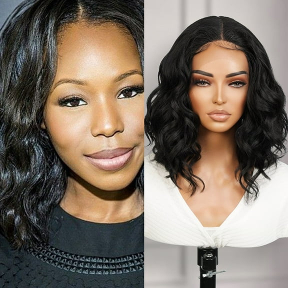 STUDIOCUT BY PROS Loose Deep Wave Bob Wigs 12 Inch Middle Center Part Swiss Lace Front Bob Wig for Black women Wavy Curly Wig Heat Resistant Synthetic Wigs DPL008 (1B-OFFBLACK)