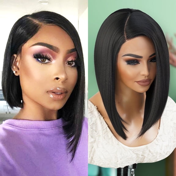 STUDIOCUT BY PROS Medium Asymmetrical Bob Straight Wig Side Part Lace Front Wigs Deep Part Wig for Black Women High Heat Resistant Synthetic Wigs DPL005 (10 Inch, 1B-OFFBLACK)