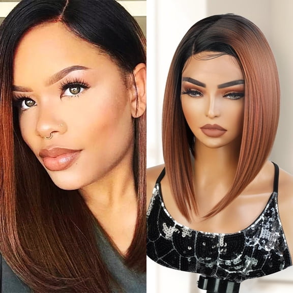 STUDIOCUT BY PROS Medium Asymmetrical Bob Straight Wig Side Part Lace Front Wigs Deep Part Wig for Black Women High Heat Resistant Synthetic Wigs DPL005 (10 Inch, OT30)