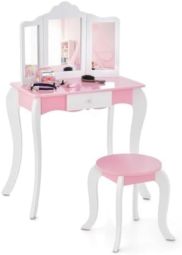 STVBG Vanity Girls Vanity Set with Mirror and Stool and Lights Drawer 2 in 1 Wooden Princess