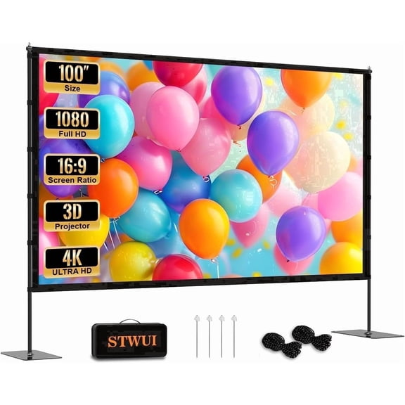 STWUI Outdoor Projector Screen with Stand – 100" Portable Projector Outdoor Movie Screen 16:9 4K Wrinkle-Free