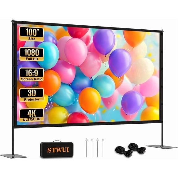 STWUI 100" Outdoor Projector Screen with Stand – Portable 16:9 4K Wrinkle-Free Movie Screen with Carry Bag