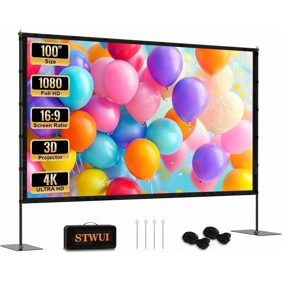 STWUI Outdoor Projector Screen with Stand – 100" Portable Projector Outdoor Movie Screen 16:9 4K Wrinkle-Free