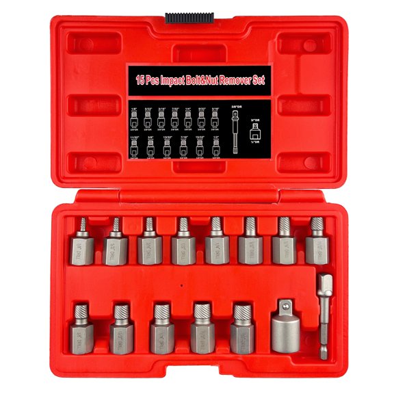 STXDY 15Pcs Screw Extractor Set, 3/8" Inch Manual Screw Extractor Kit, Easy Out Bolt Remover Set for Rusted, Rounded, Damaged Nuts Screws
