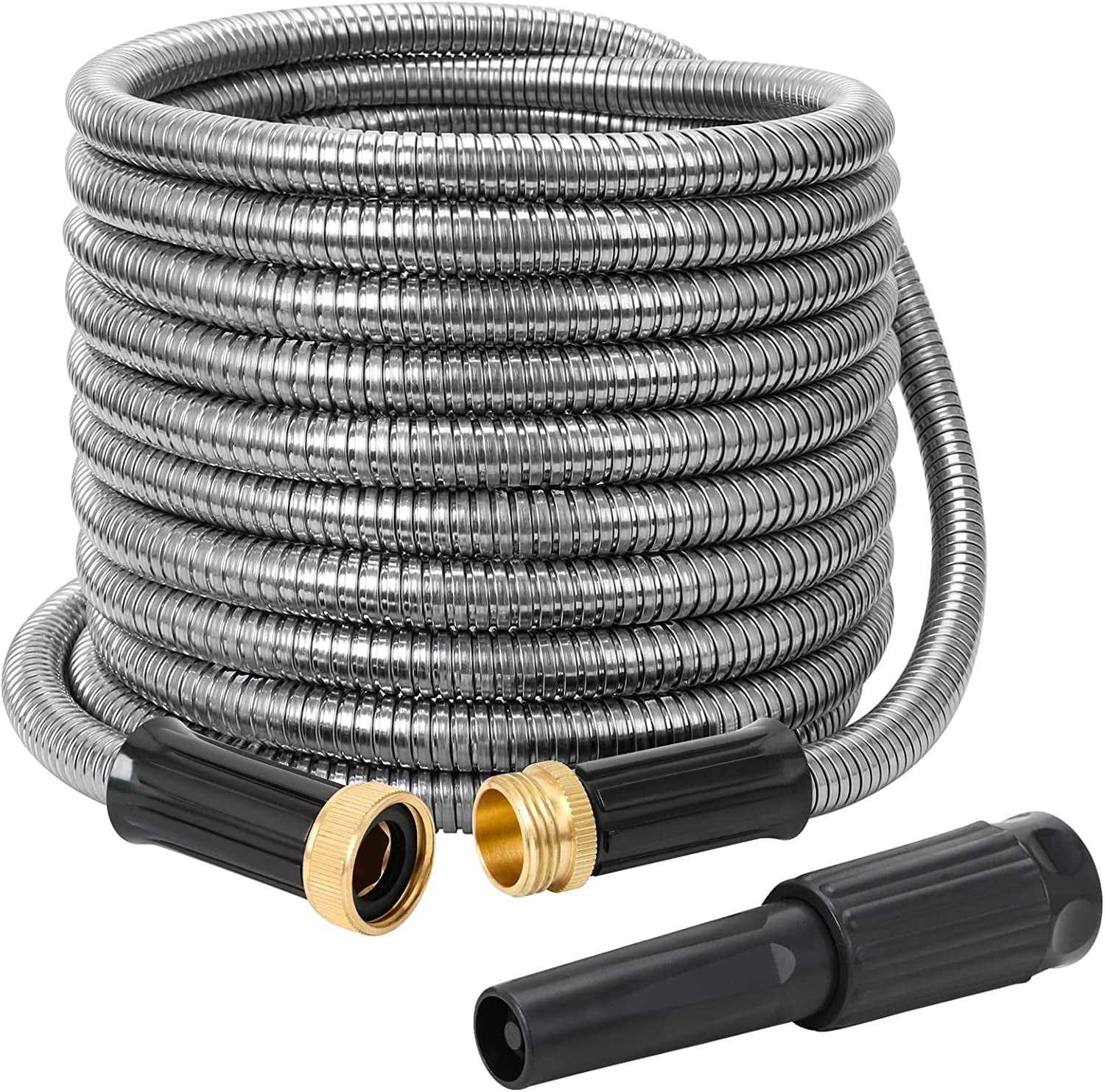 STYDDI 100FT Metal Garden Hose, 100FT 304 Stainless Steel Water Hose with Jet Sprayer Nozzle for Outdoor Yard, Lightweight and Kink Free Puncture Proof Durable Heavy Duty