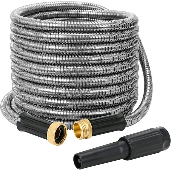 STYDDI 25FT Metal Garden Hose, 25FT 304 Stainless Steel Water Hose with Jet Sprayer Nozzle for Outdoor Yard, Lightweight and Kink Free Puncture Proof Durable Heavy Duty