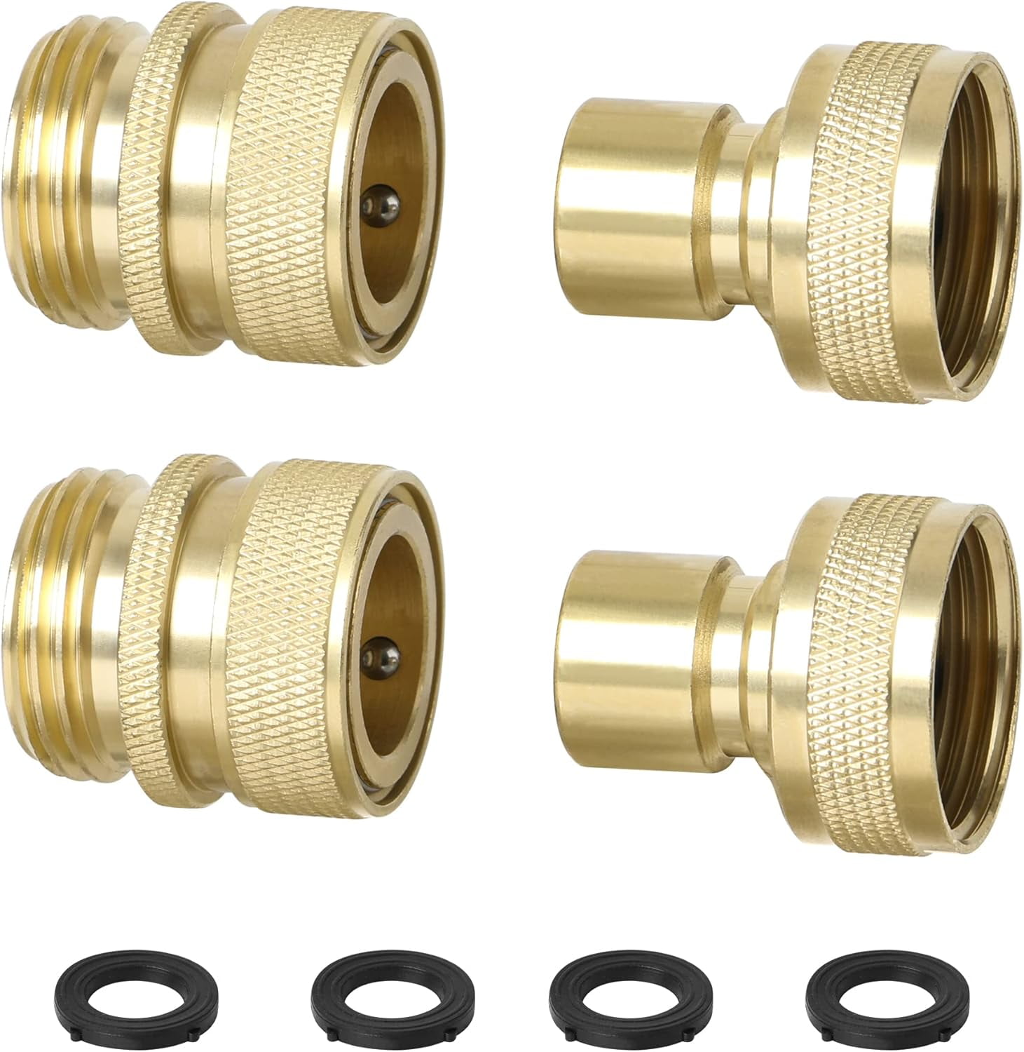 STYDDI Brass Full Flow Garden Hose Quick Connect Fittings, Solid Brass 3/4-Inch GHT Lawn Hose Quickly Disconnect Connector Coupler, Compatible with Most Hoses, Spigots, Watering Tools, 2 Sets