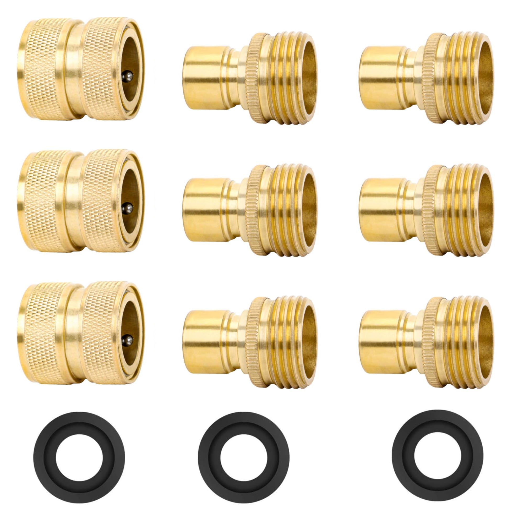 STYDDI Brass Garden Hose Quick Connect Fitting, 3/4” GHT Solid Brass Water Hose Quick Connector with 6 Male and 3 Female, Full Flow, with 3 Washers