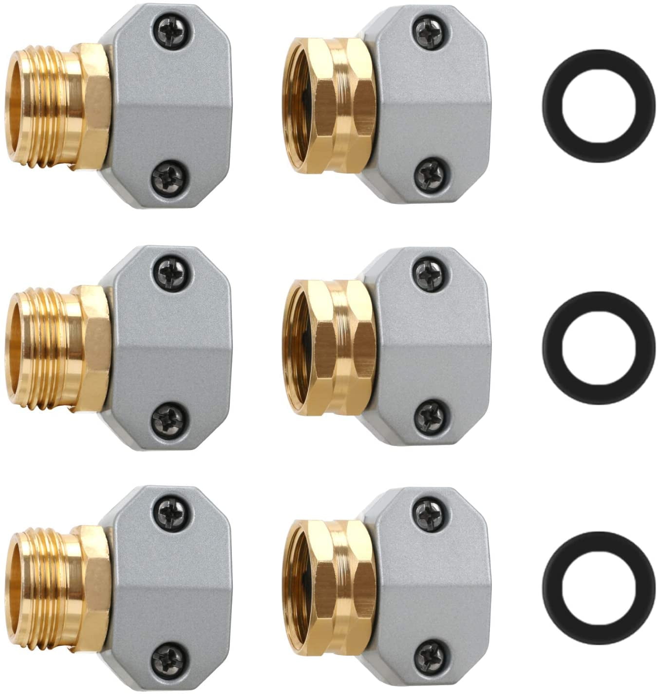 STYDDI Garden Hose Repair Connector Fitting, Aluminum Mender Female and Male Hose End Connector with Zinc Clamp, Fit 5/8-Inch and 3/4-Inch Garden Hose, 3 Sets