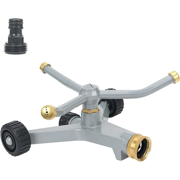 STYDDI Metal Rotating Water Sprinkler for Yard, Heavy Duty Metal 3-Arms Whirling 360 Degree Automatic Rotary Lawn Sprinkler with Wheeled Base for Small Lawn and Garden, Yard, Waters Up to 45 ft