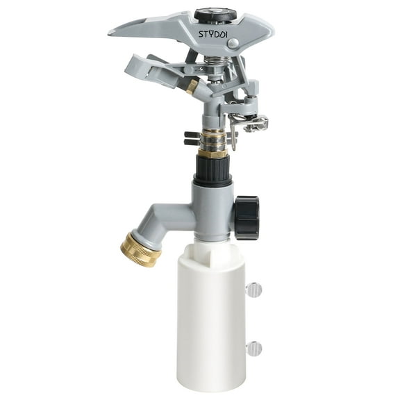 STYDDI T-Post Fence Sprinkler, Zinc-alloy Impulse Sprinkler Head on Fence T-Post Base with Flow Through, Metal Impact Sprinkler with Great Adjustability