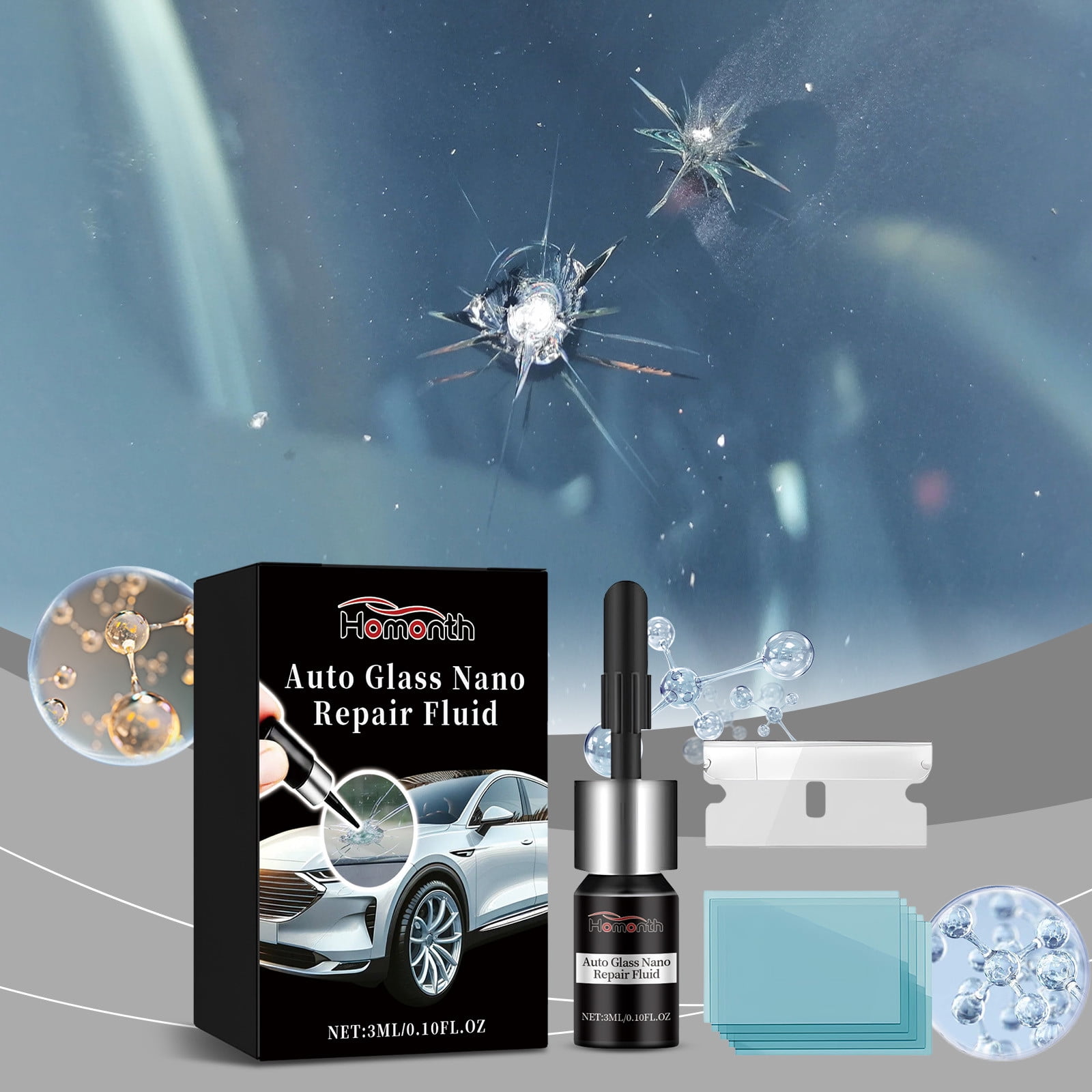 Ruitreparatieset – Nano Vloeistof Voor Ster- En Halve Maan Schades, DIY Kit Voor Voorruit, Snel Hardend, Incl. Mes En Uithardingsfolie