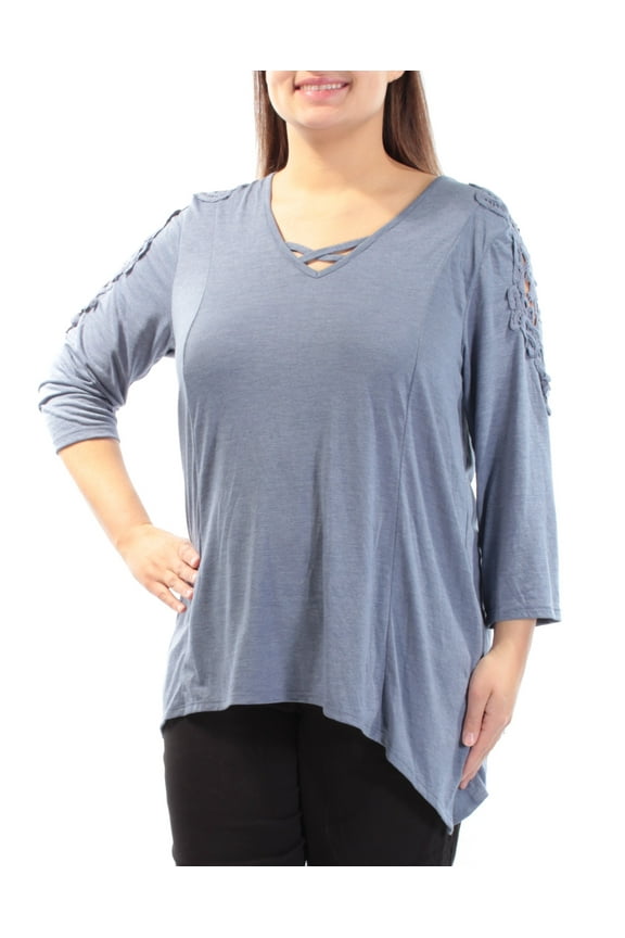 STYLE & CO Womens Blue Embroidered Lace 3/4 Sleeve V Neck Trapeze Top Plus Size: OX