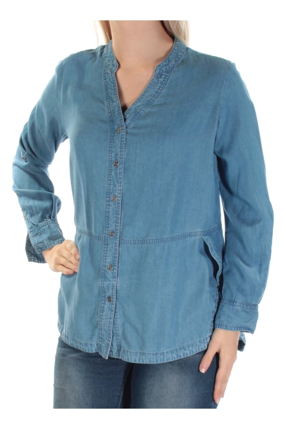 STYLE & COMPANY $49 Womens New 1110 Light Blue Denim Hi-Lo Top S Petites B+B