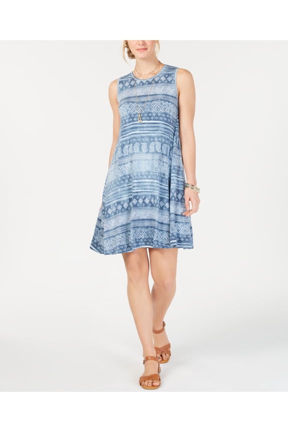 STYLE & COMPANY $49 Womens New Blue Printed Sleeveless Trapeze Dress XL B+B