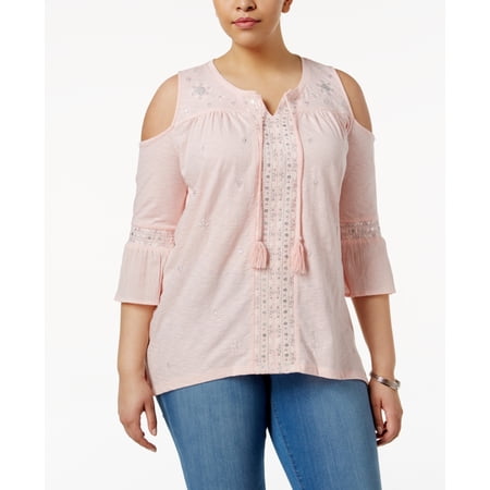 Plus Size Embellished Cold-Shoulder Peasant Top Pink Sea Lily Shine 1X