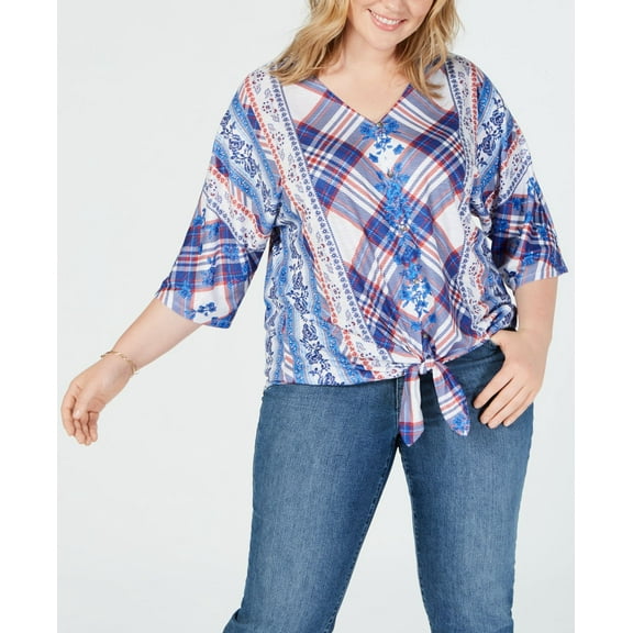 Style & Co. Womens Plus Button-Up Front Tie Tops, Natural, 1X