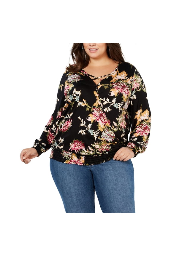 Womens Smocked Pullover Blouse, Black, 0X