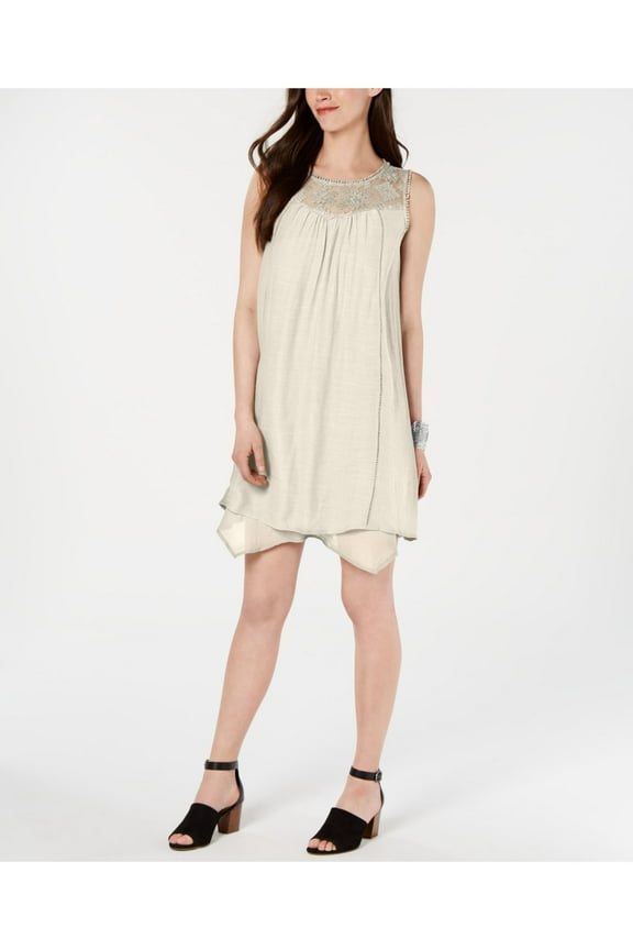 STYLE & COMPANY Womens Beige Lace Pom Pom Sleeveless Jewel Neck Above The Knee Shift Handkerchief Dress M