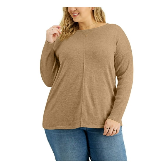STYLE & COMPANY Womens Beige Ribbed Slitted Seam-front Long Sleeve Boat Neck Tunic Sweater Plus 2X