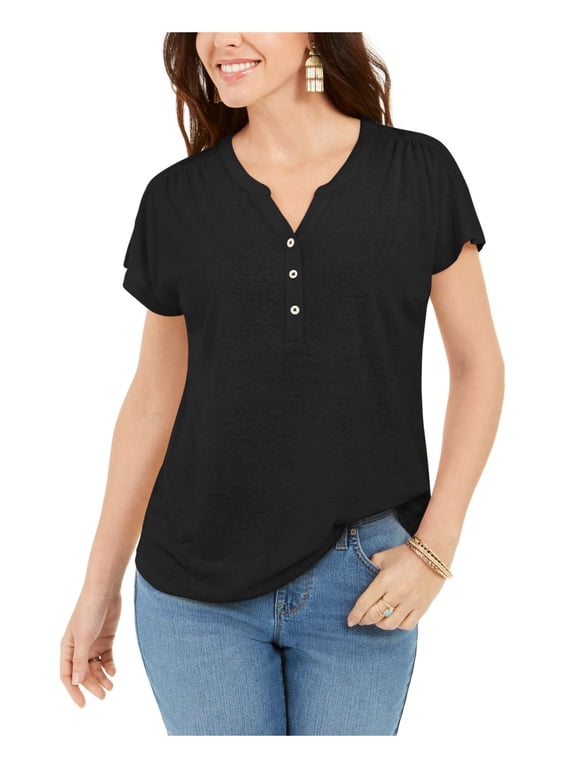 STYLE & COMPANY Womens Black Henley Short Sleeve Split Top Petites PP