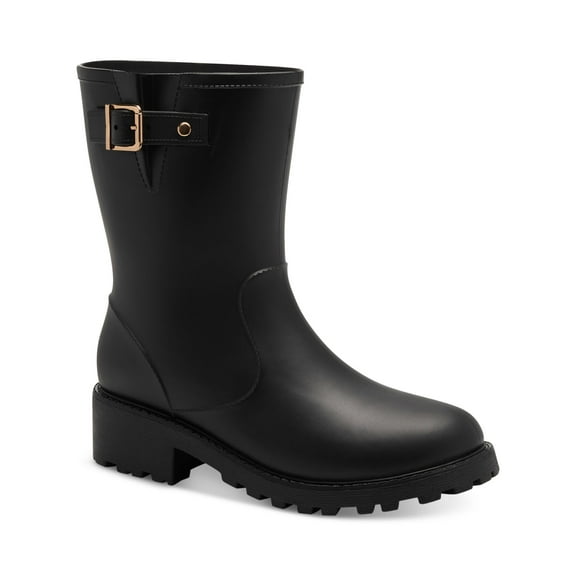 STYLE & COMPANY Womens Black Lug Sole Removable Insole Buckle Accent Millyy Round Toe Block Heel Rain Boots 8 M