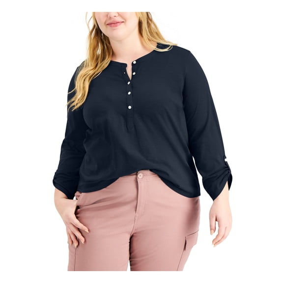 STYLE & COMPANY Womens Black Roll-tab Sleeve Crew Neck Tunic Top Plus 0X