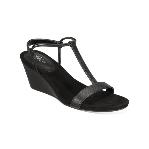 STYLE & COMPANY Womens Black T-Strap Slip Resistant Stretch Mulan Almond Toe Wedge Slip On Slingback Sandal 8 M