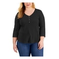 thumbnail image 1 of STYLE & COMPANY Womens Black Textured Henley Style 4 Button Detail 3/4 Sleeve V Neck Top Plus 2X, 1 of 1