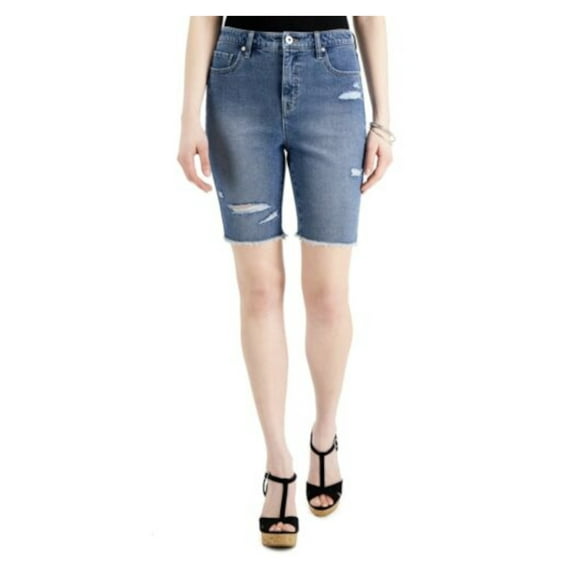 STYLE & COMPANY Womens Blue Denim Pocketed Distressed Button Closure Zippered Bermuda Shorts 16