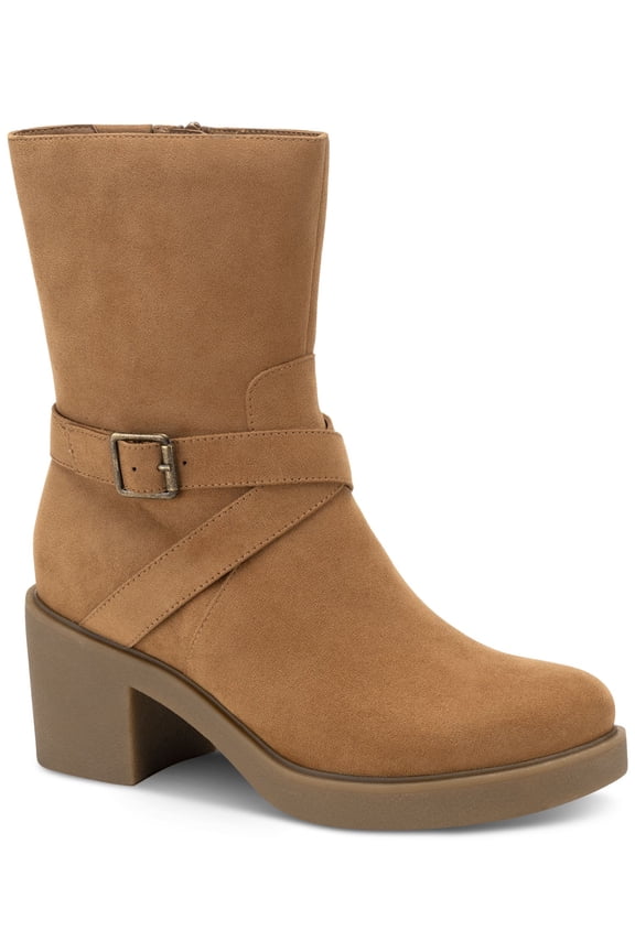 STYLE & COMPANY Womens Brown Buckle Accent Comfort Bessiee Round Toe Block Heel Zip-Up Booties 5 M