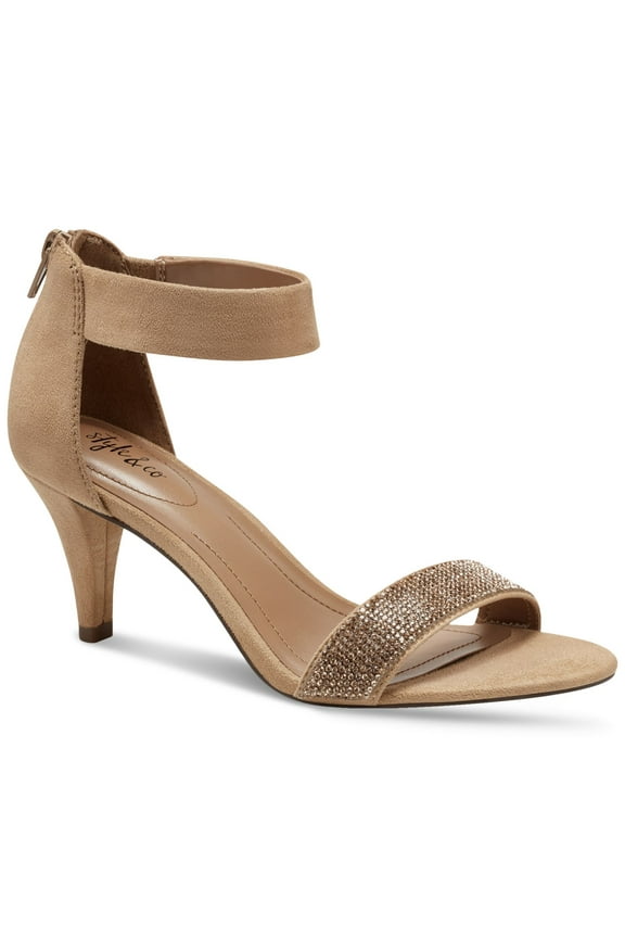 STYLE & COMPANY Womens Brown Mixed Media Padded Ankle Strap Rhinestone Phillys Round Toe Kitten Heel Zip-Up Dress Sandals Shoes 11 M