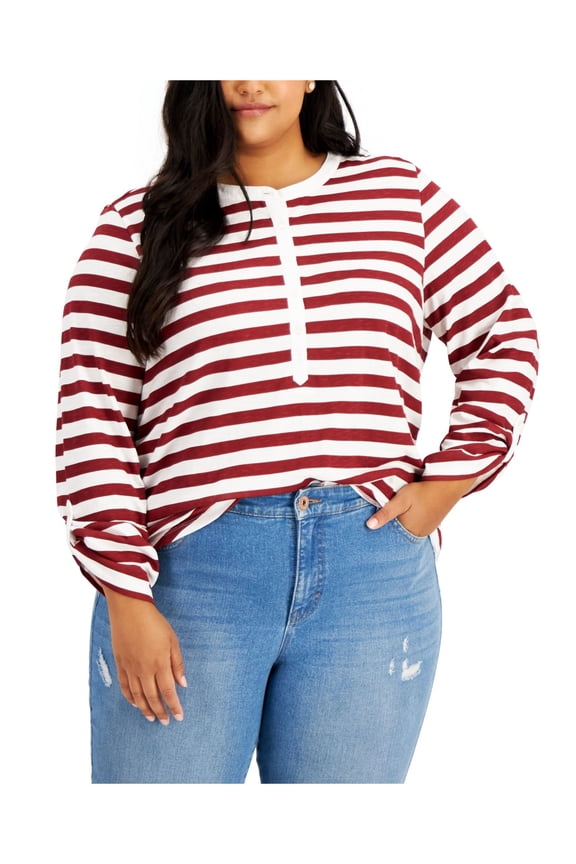 STYLE & COMPANY Womens Burgundy Striped Roll-tab Sleeve Crew Neck Top Plus 1X