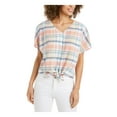 thumbnail image 1 of STYLE & COMPANY Womens Coral Plaid Short Sleeve Button Up Top Petites Size: PM, 1 of 1