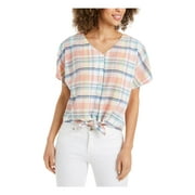 STYLE & CO. STYLE & COMPANY Womens Coral Plaid Short Sleeve Button Up Top Petites Size: PM