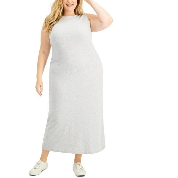 STYLE & COMPANY Womens Gray Cotton Slitted Pull-over Style Heather Sleeveless Round Neck Tea-Length Shift Dress Plus 1X