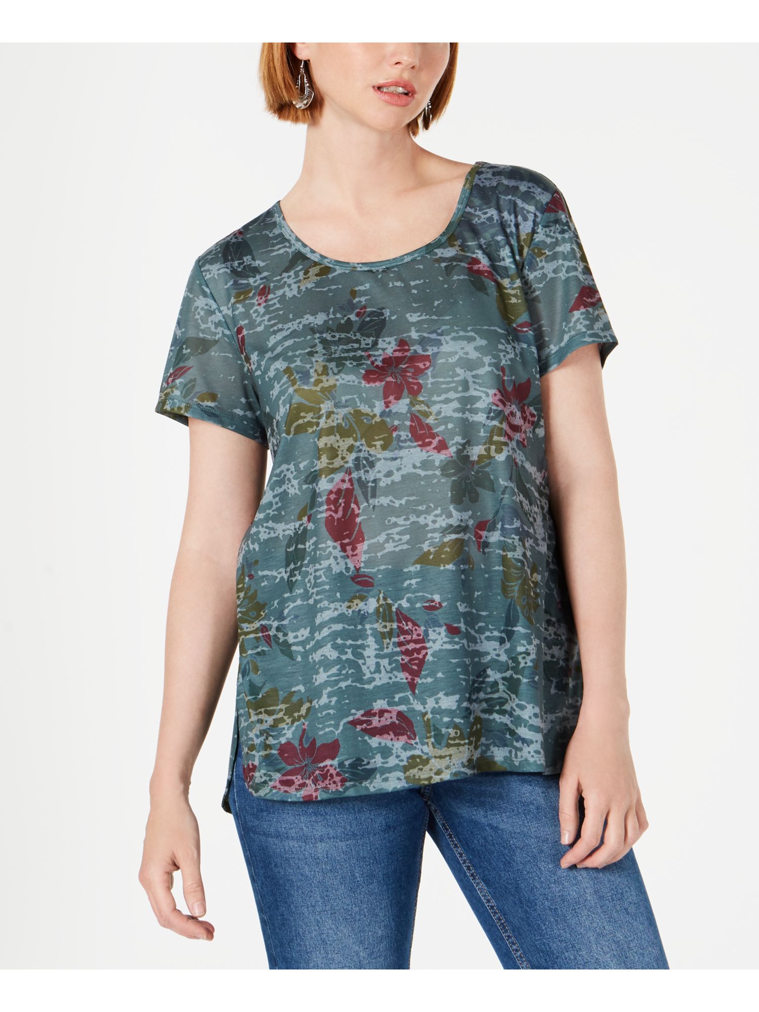 STYLE & COMPANY Womens Green Printed Short Sleeve Scoop Neck T-Shirt S - image 1 of 4