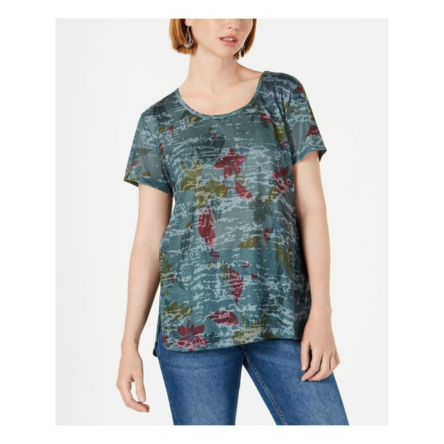 STYLE & COMPANY Womens Green Printed Short Sleeve Scoop Neck T-Shirt S