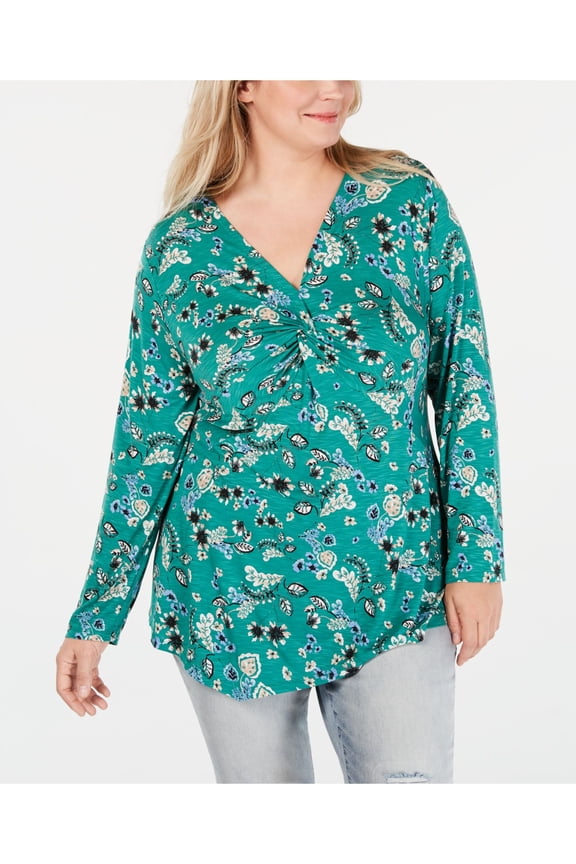 STYLE & COMPANY Womens Green Twist Front Asymmetrical Hem Floral Long Sleeve V Neck Top Plus 2X