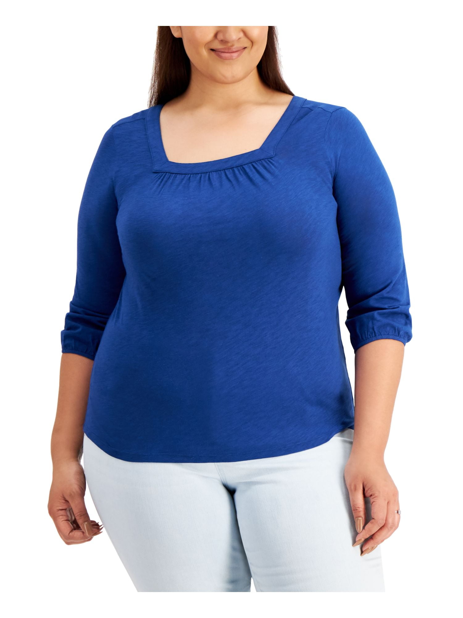 STYLE & COMPANY Womens Navy Stretch Heather 3/4 Sleeve Square Neck Wear