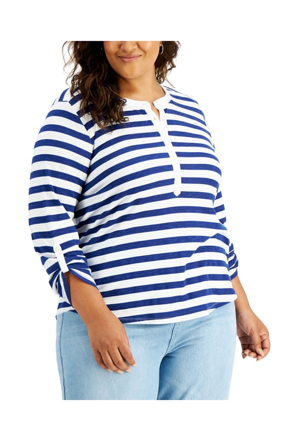 STYLE & COMPANY Womens Navy Striped Roll-tab Sleeve Crew Neck Top Plus 3X