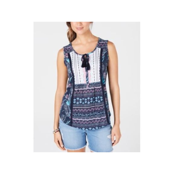 STYLE & COMPANY Womens Navy Tassle Tied Front Sleeveless Top Petites PS
