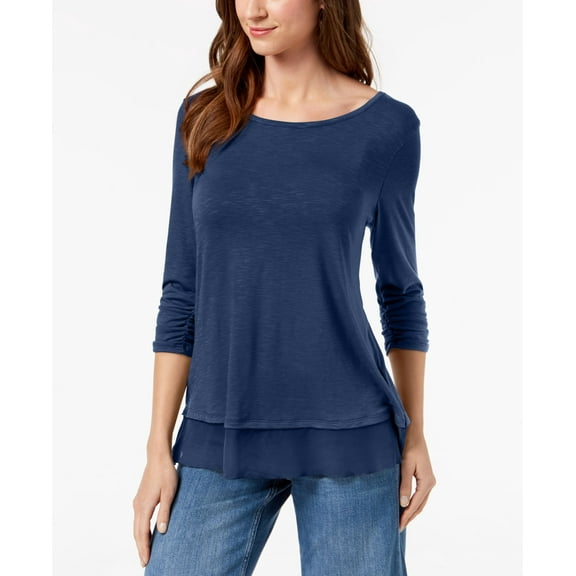 Style & Co Petite Chiffon Hem Top Mountain Blue PS